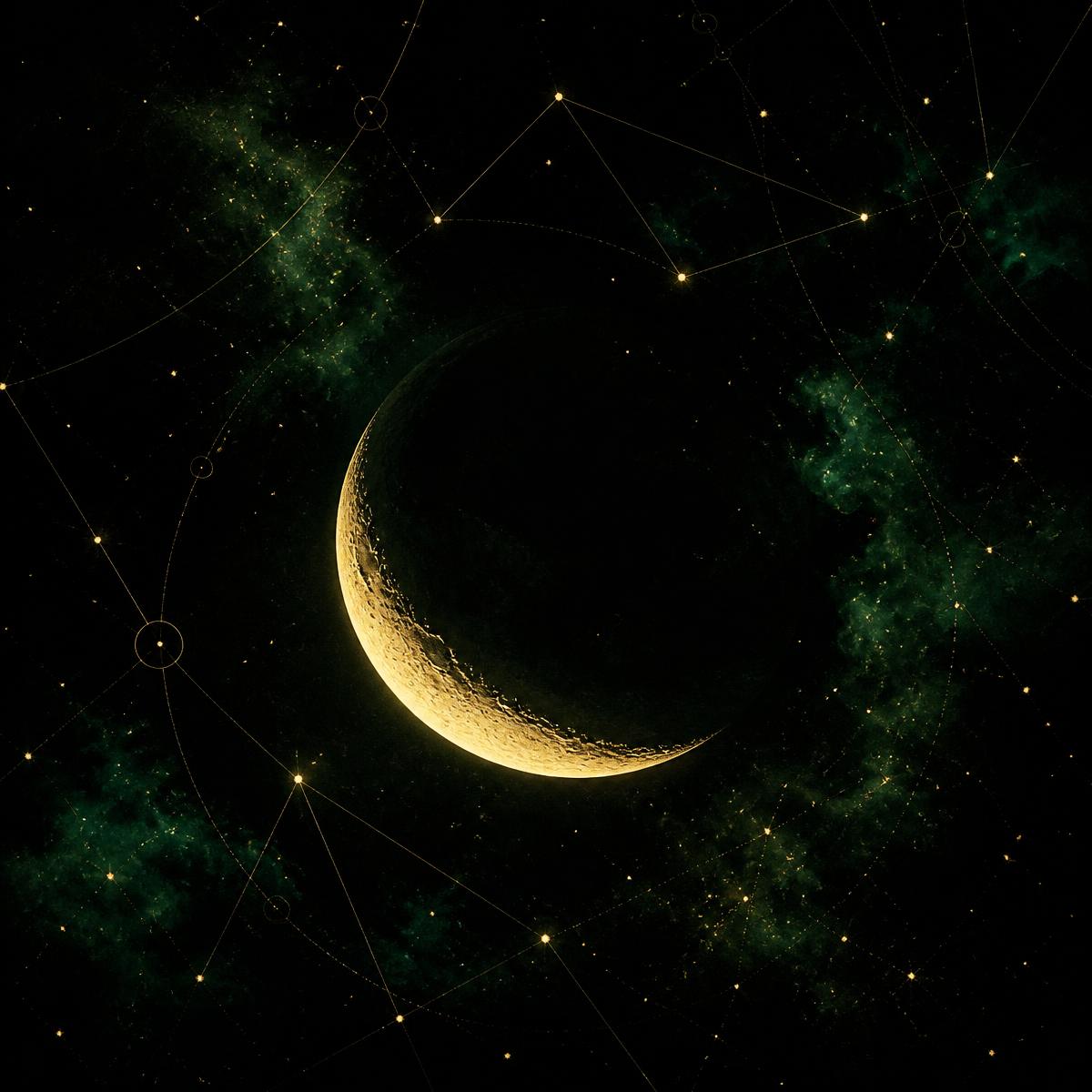 Lua crescente dourada em céu profundo
